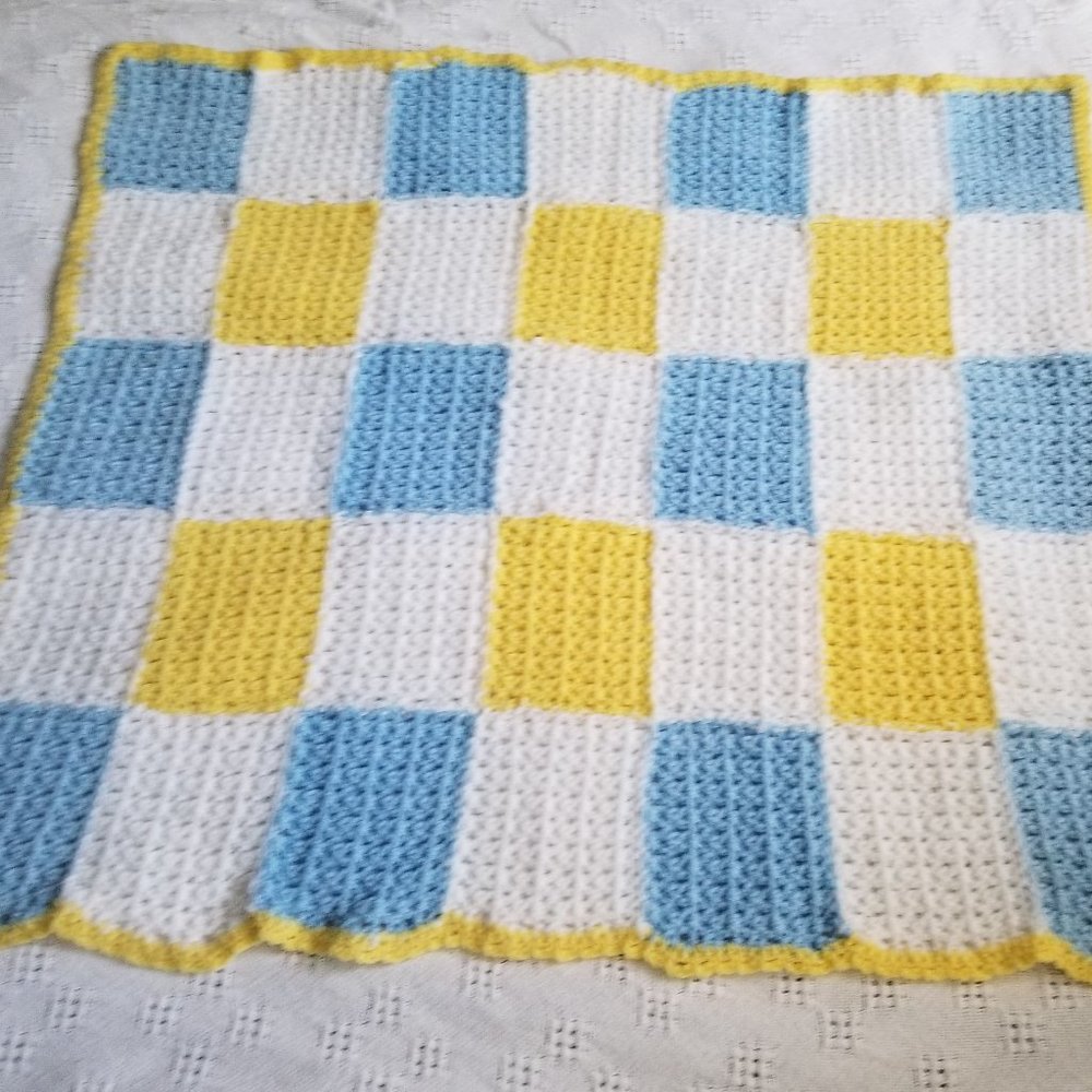 Blue White Yellow Hand Crocheted Baby Blanket
